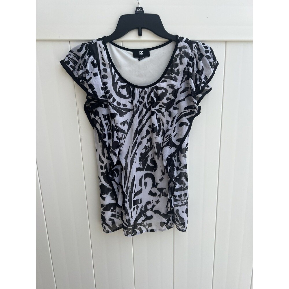 Iz Byer Women's Top Ruffles Abstract Black & White Tank Lined Sz XS